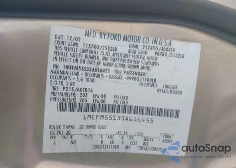 2003 Mercury Sable Ls Premium from USA, damaged, VIN 1MEFM55S33A616455